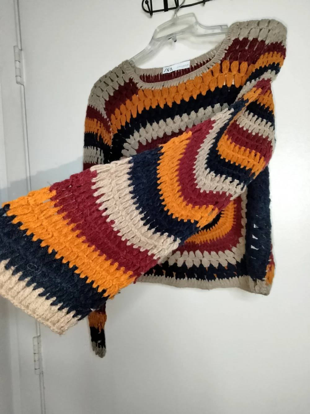 ZARA (Sz M) Multicolor Crochet Square-Front Boho LS Sweater in Beige/Navy/Maroon